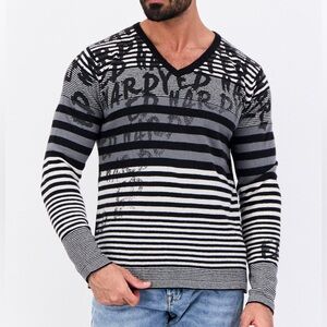 Ed Hardy by Christian Audigier Wool Blend Striped V-neck Sweater Size Medium